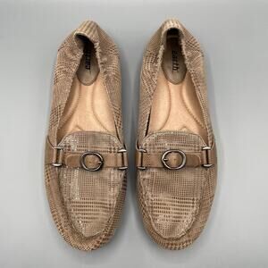 Earth Scout Moccasins Size 10 Taupe Leather Loafers Flats Houndstooth Old Money